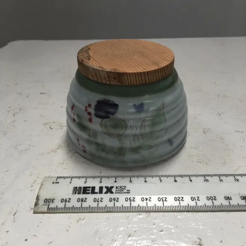 Beehive Shaped Blue Pot with Wood Lid