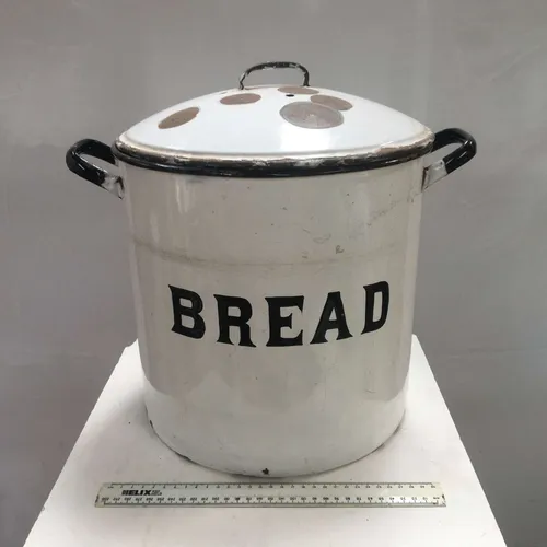 Period White with Black Trim Enamel Bread Bin with Circular Marks on Lid