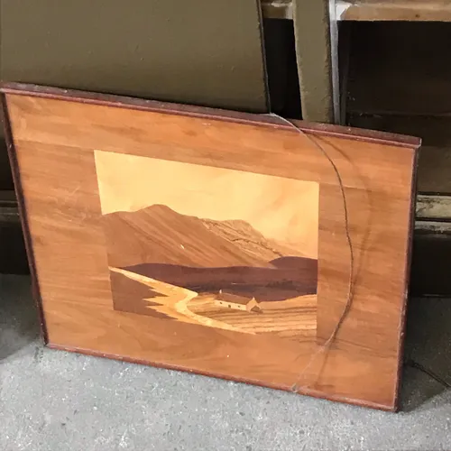 Hill/Mountain/Road Marquetry in wood frame
