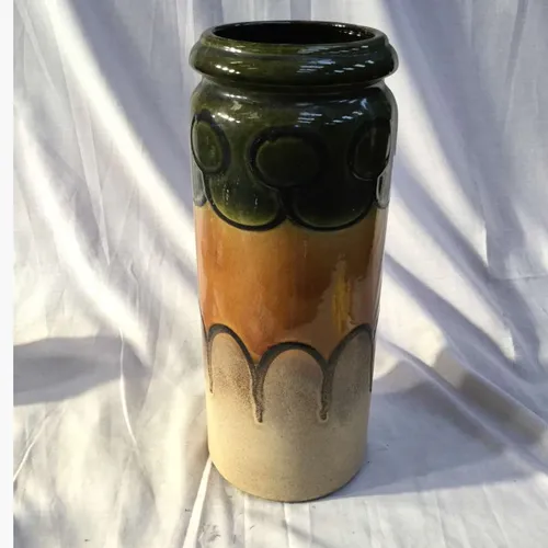 Mid century West German glazed green orange and white ceramic vase (217-42)