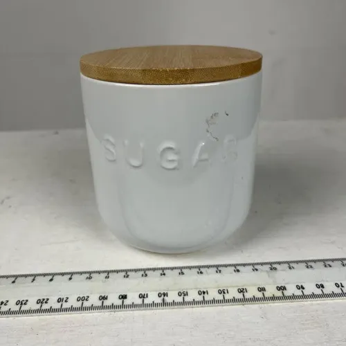 White Ceramic Sugar Jar with Wooden Lid
