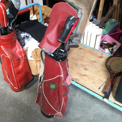 Period Red Leather Golf Club Bag and Clubs