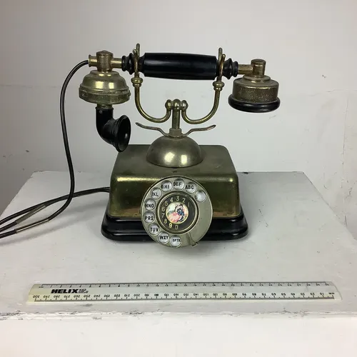 black and brass Binatone rotary dial cradle telephone