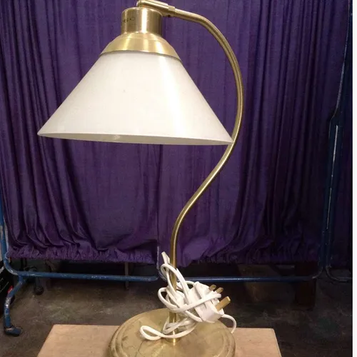 Brass metal table lamp with opaque white glass shade