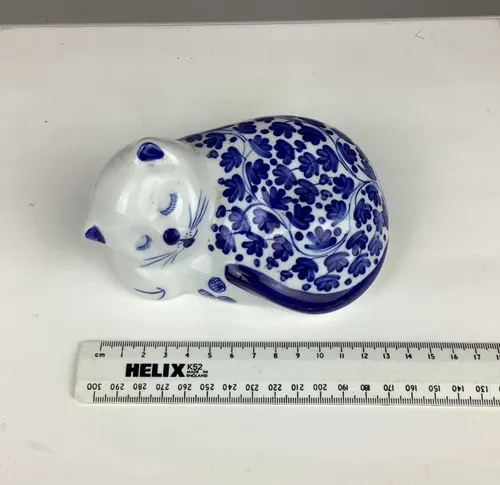Sleeping Blue and White Ceramic Cat