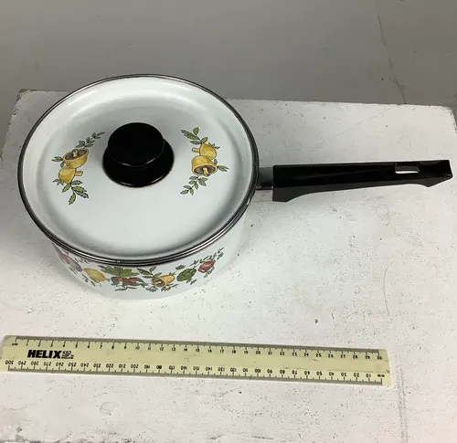 White and Black Pot with Lid and Vegetables Pattern