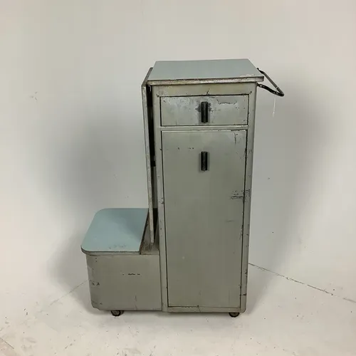 1940s Grey Medical Hospital Cabinet with Blue Collapsible Countertop