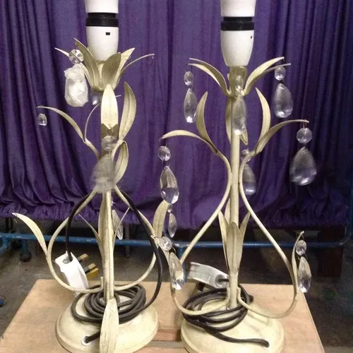 ornate cream coloured stick lamp base with hanging crystals