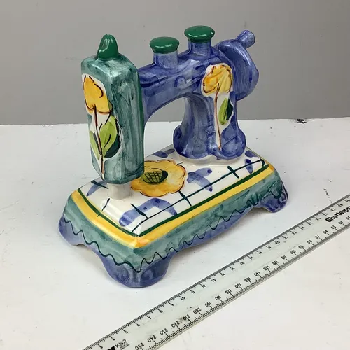 Blue and Yellow Ceramic Sewing Machine Ornament
