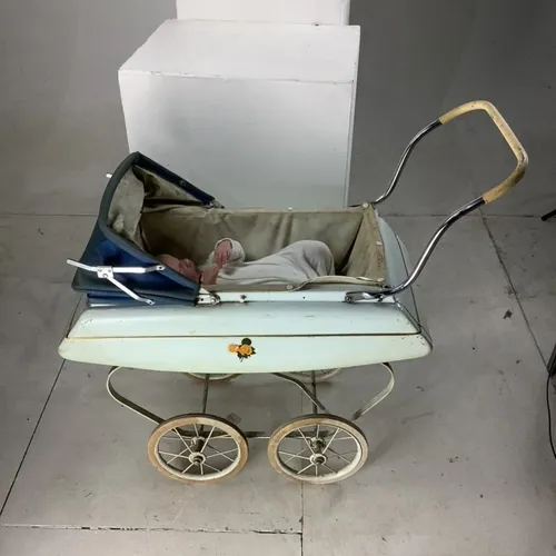 Period White and Blue Navy Dolls Pram with Yellow Flower Detail