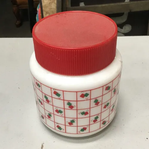 White ceramic, square design jar with red plastic lid