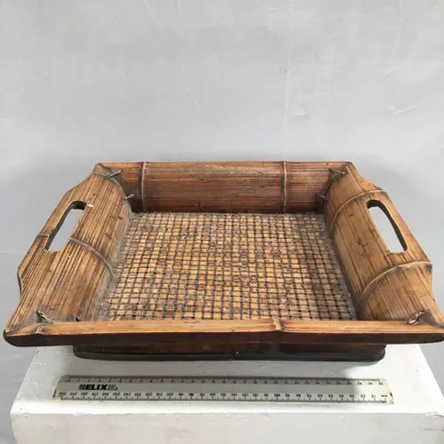 Period Curved Wood Edge Serving Tray with Woven Base