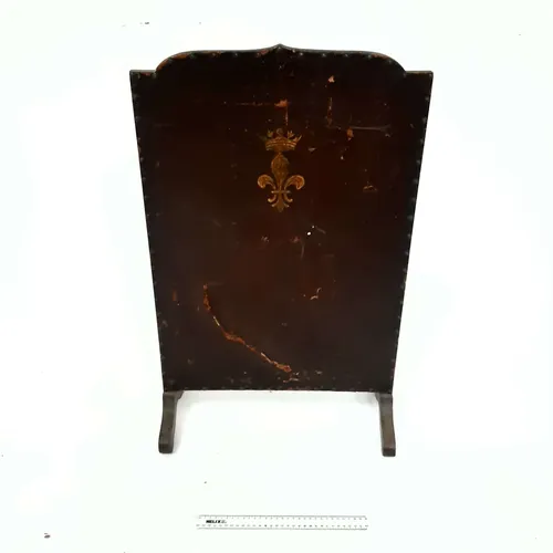 Period brown leather fire guard with Crowned Fleur De Lys (Tudor Crown) symbol 
