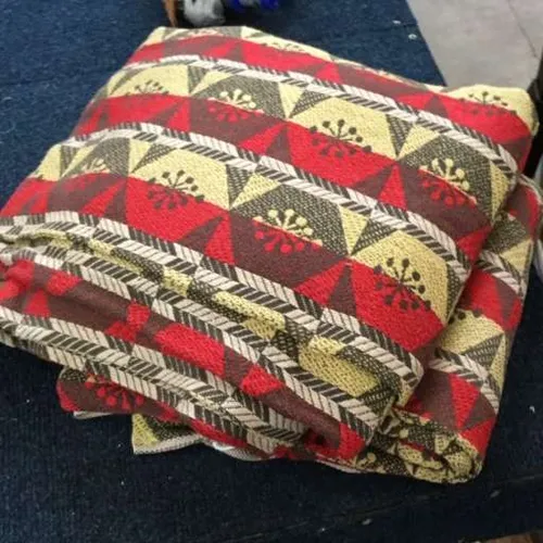 Red, Green and Brown patterned curtains