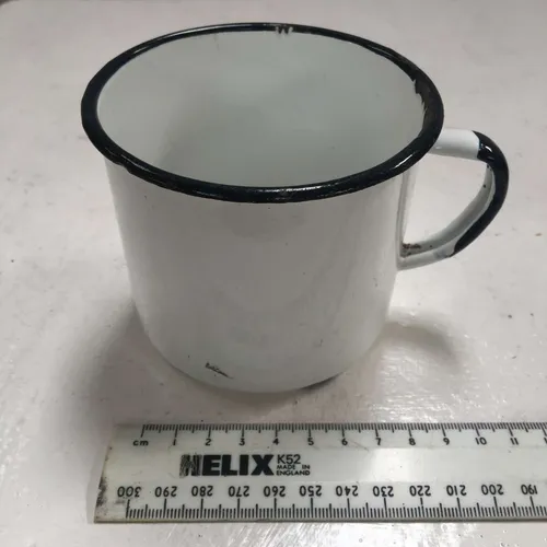 Period White with Black Trim Enamel metal Mug 