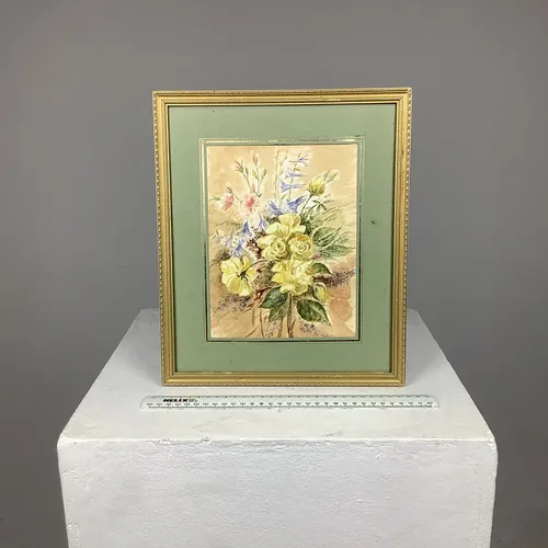 Gold framed flower painting with green mount