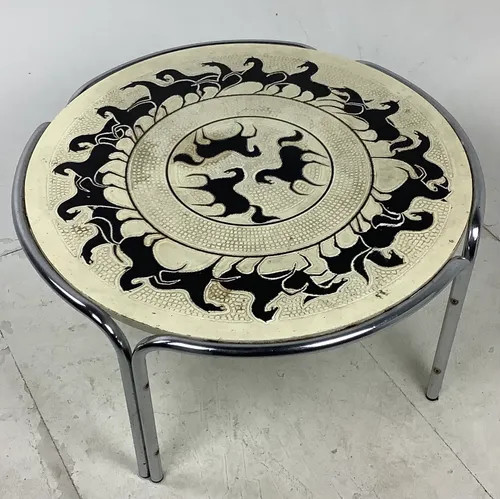 1970s Chrome Coffee Table with Trojan Horse Detail Top