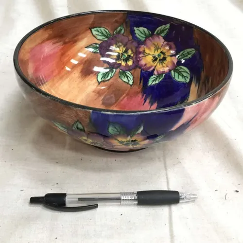 Painted Navy and Brown Wash Ceramic Bowl with Floral Decoration