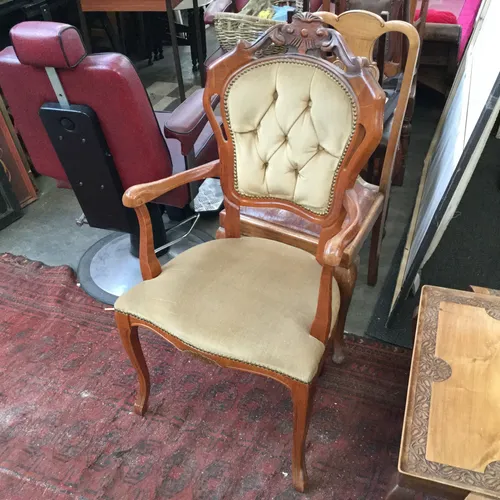 Period Ornate Wood Arm Chair with Gold / Beige Fabric & Stud Detail