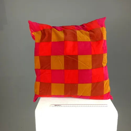 Orange, Brown and Pink Checked Velvet Cushion