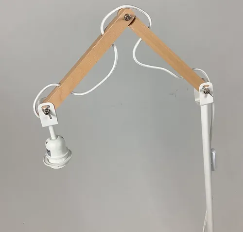 Tall White Standing Lamp with Adjustable Wood Arm