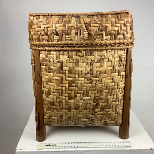 Vintage Bamboo Rattan Footed Large Lidded Basket