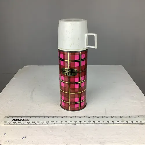 Period Purple and Gold Plaid Thermos Flask