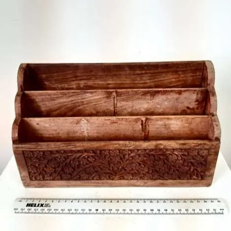Wood desk tidy/organiser with carved front and scalloped edge