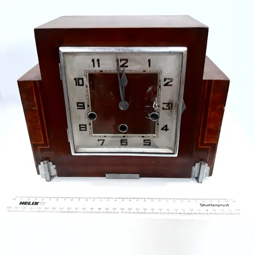 Wooden analogue Art Deco style mantle clock with glass face cover