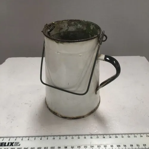 Period Aged White with Black Trim Enamel Billy Tea Can with Handle