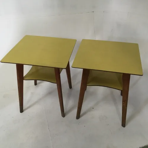 Mid-Century Square Yellow Formica Top Table with Shelf