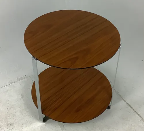 Round Wood Side Table with Metal Frame and Shelf