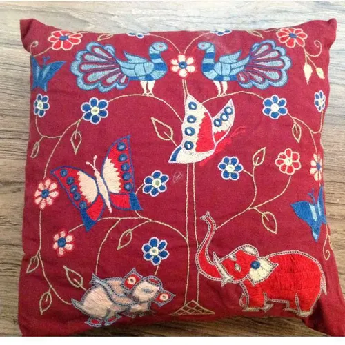 maroon throw pillow embroidered decorations butterfly elephant peacock flower softs