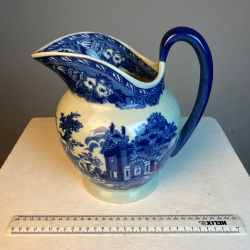 Blue and white Victorian ironstone pitcher jug and basin set