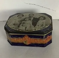 Period Octagonal Blue Biscuit Tin with Royal Family Portrait