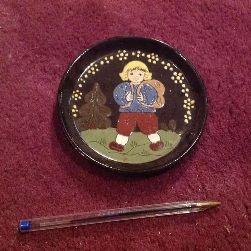 Hand painted “Girl with backpack” black dish/ashtray