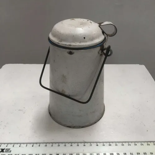 Period Aged White with Blue Trim Lidded Enamel Tea Billy Can