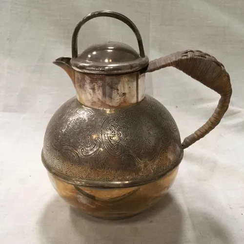 Antique Polished Silver Plated Teapot/Coffee Pot with Rattan Handle
