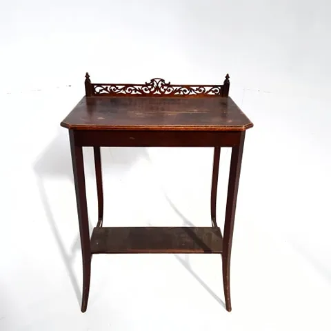 Period Wood Side Table with Shelf and Ornate Back Edge