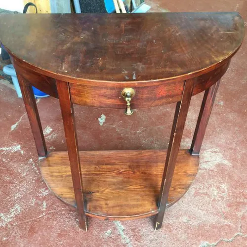 wooden half moon table with drawer and lower shelf