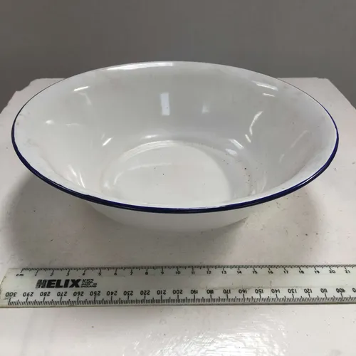White with Blue Trim Enamel Serving Bowl 1