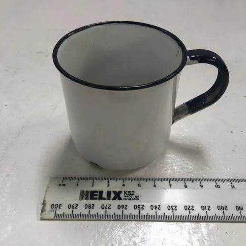 Period White with Blue Trim Enamel Mug