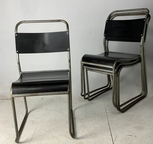 Set of 4 Rustic period black wood and metal stacking chairs 