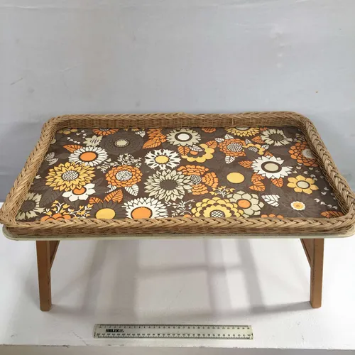 Period Brown with Orange Floral Print and Woven Edge Folding Lap Serving Tray