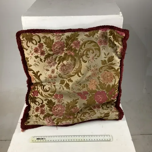 Cream Cushion with Green and Pink Floral Detail and Burgundy Trim