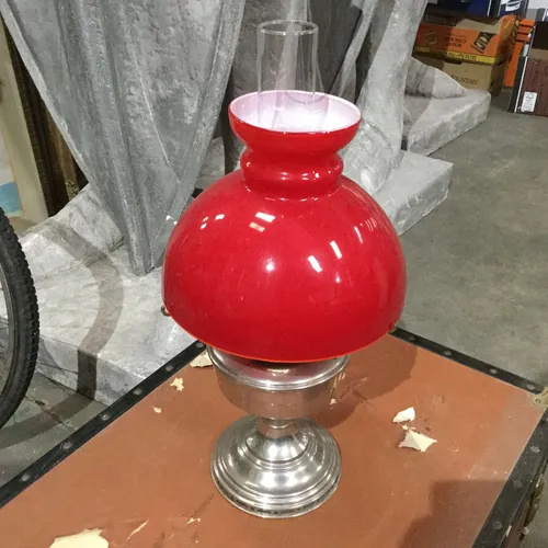 Period Silver Metal Paraffin Oil Lamp with Red Glass Shade
