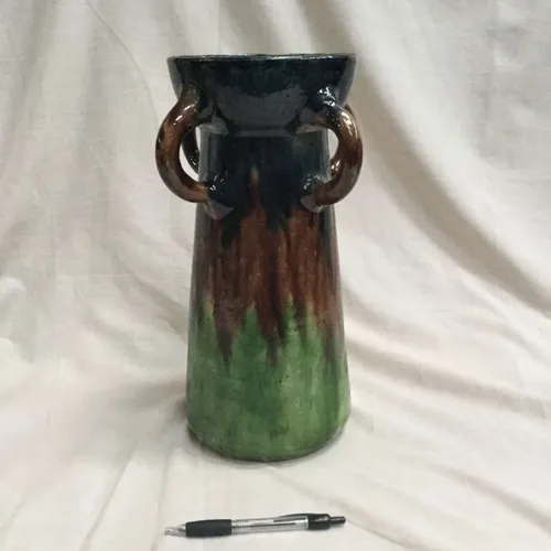 Art Noveau drip glaze four handled vase.  Brown/Green