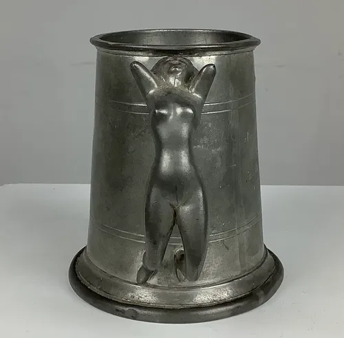 Engraved Pewter Tankard with a Woman Handle