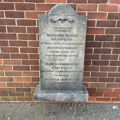 Grey fake gravestone Margaret Morris H110cm W64.5cm D25cm