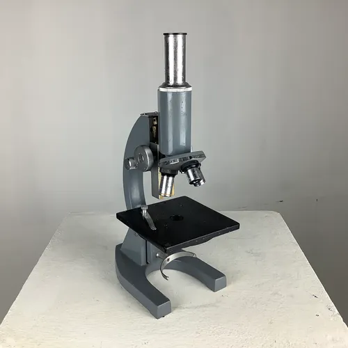 Period Grey Metal Microscope with Wood Box / Case
